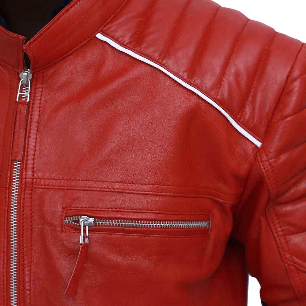 Giacca in pelle a righe rosse stile Café Racer da uomo