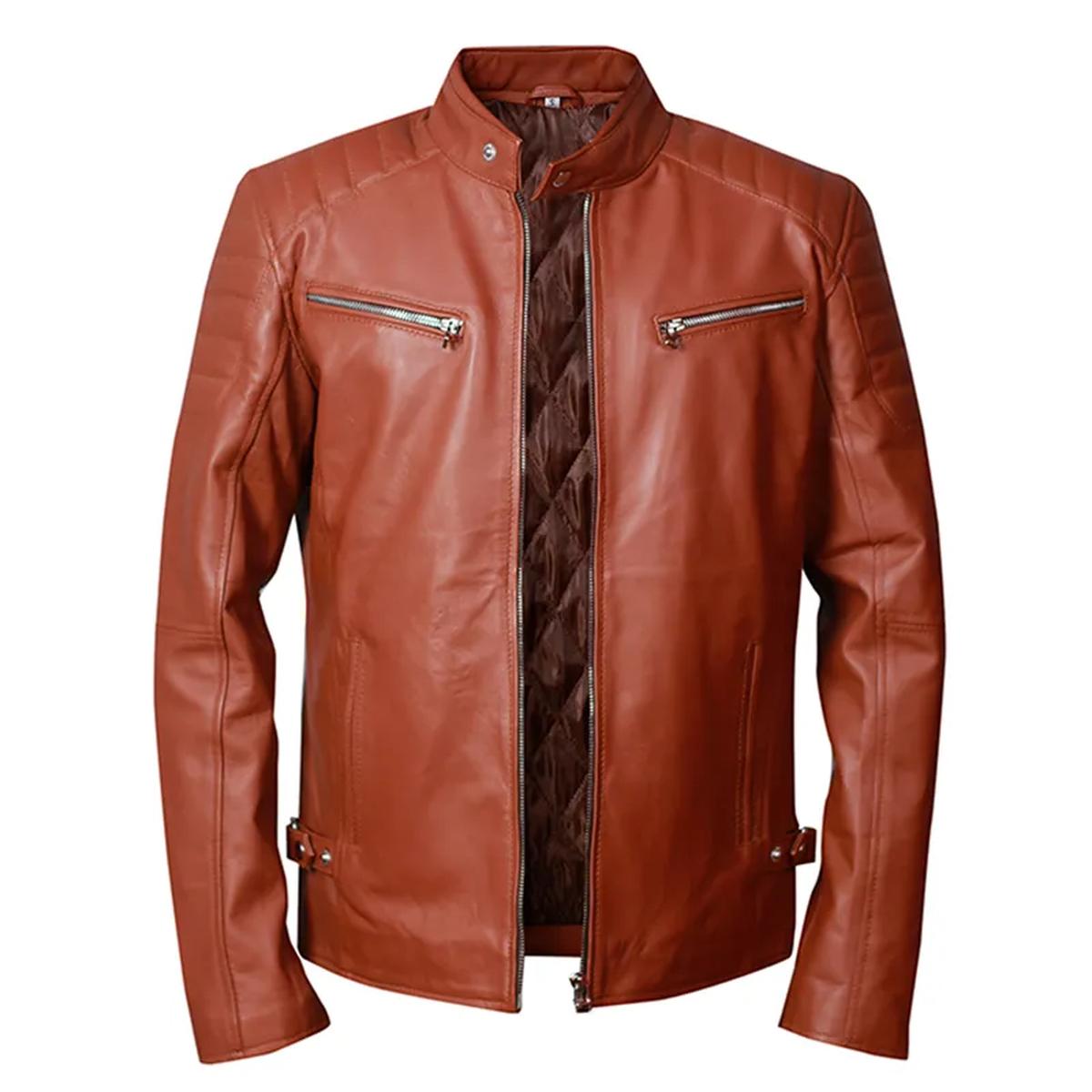 Giacca in pelle da motociclista in stile retrò marrone Cafe Racer
