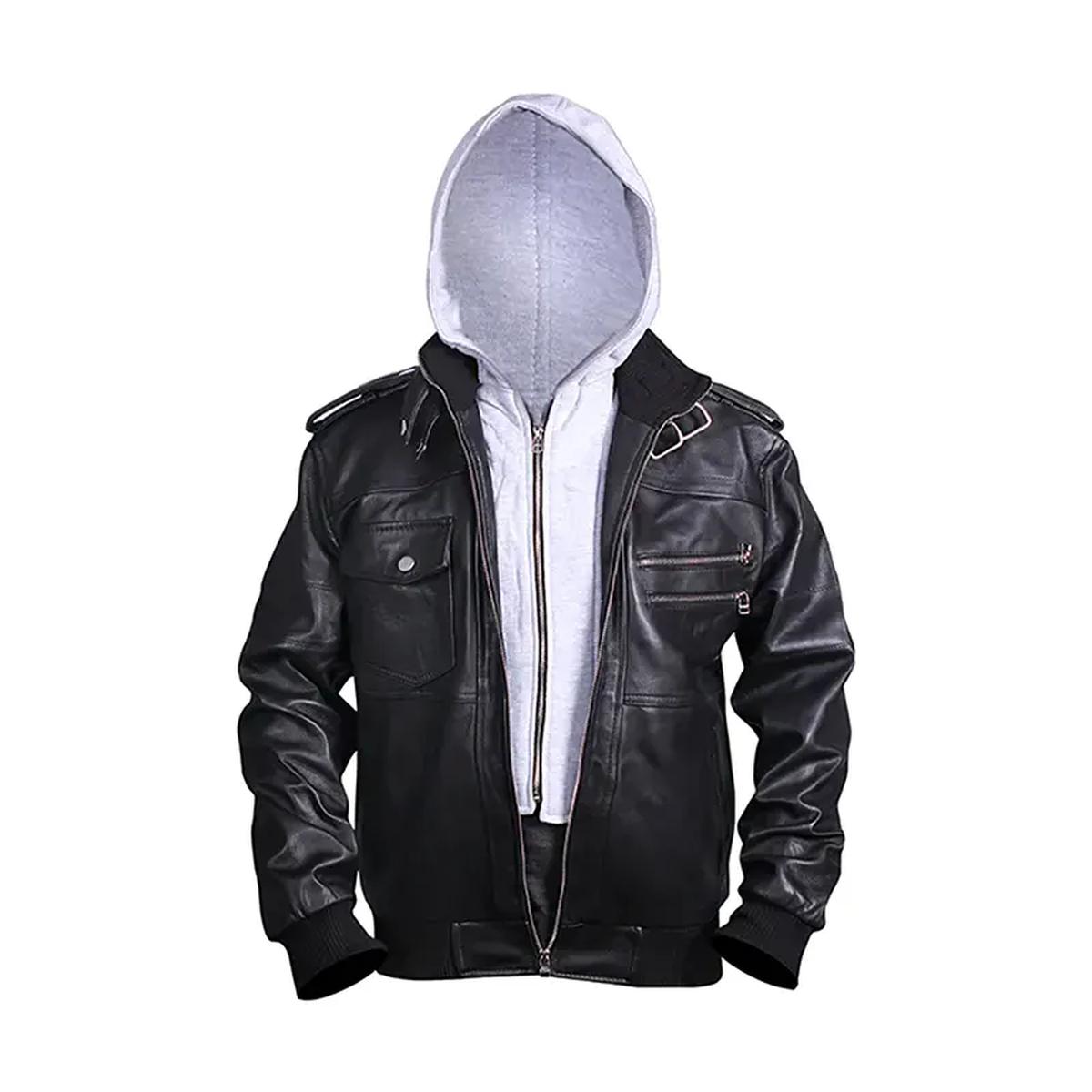 Giacca bomber in pelle invecchiata con cappuccio da uomo