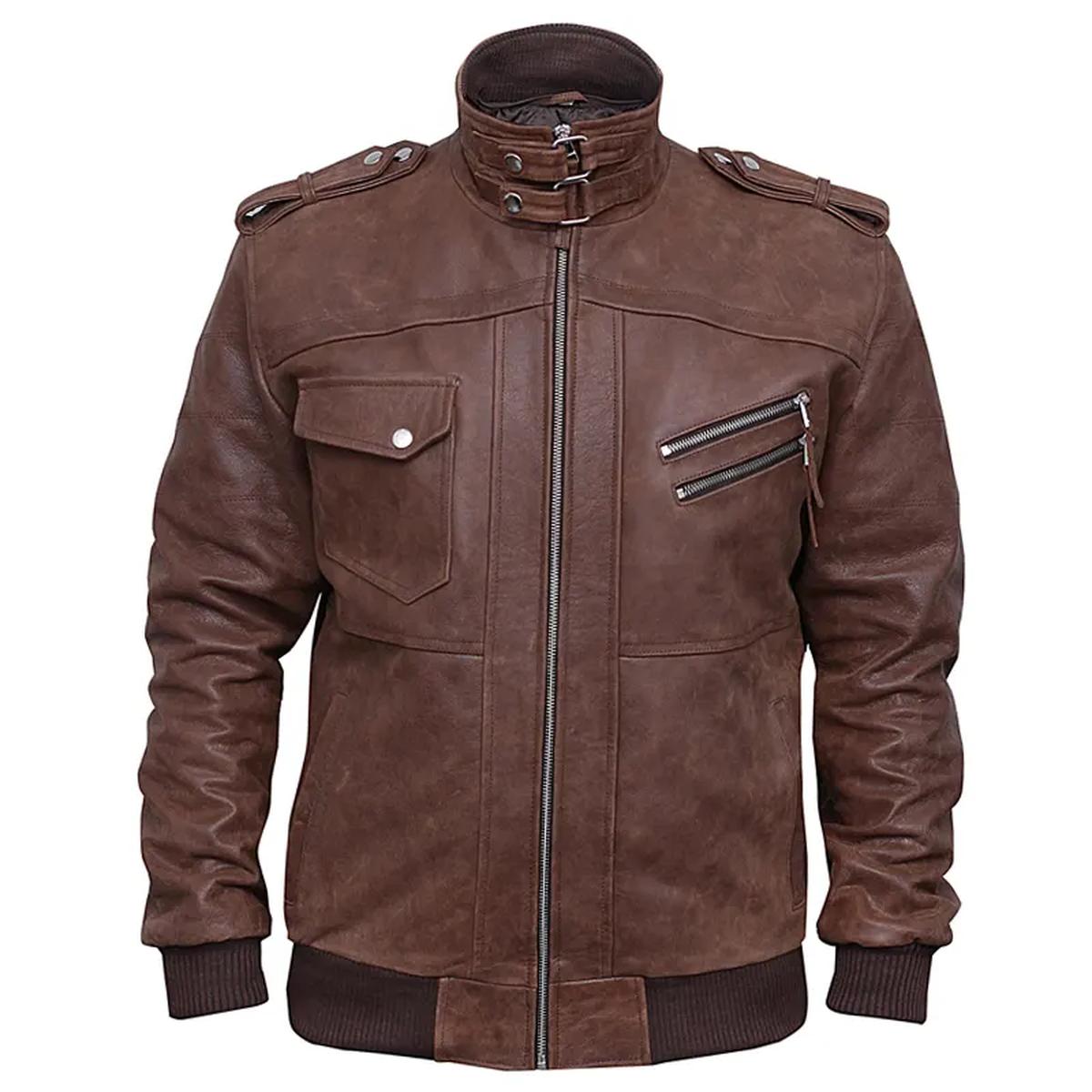 Giacca bomber marrone in pelle invecchiata da uomo con cappuccio
