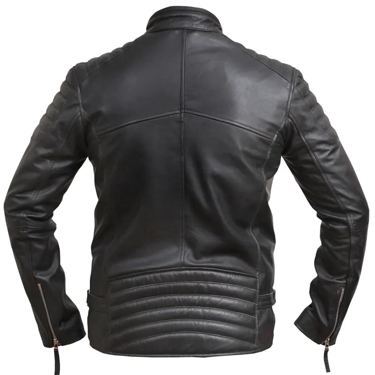 Giacca da motociclista in pelle nera anticata da uomo