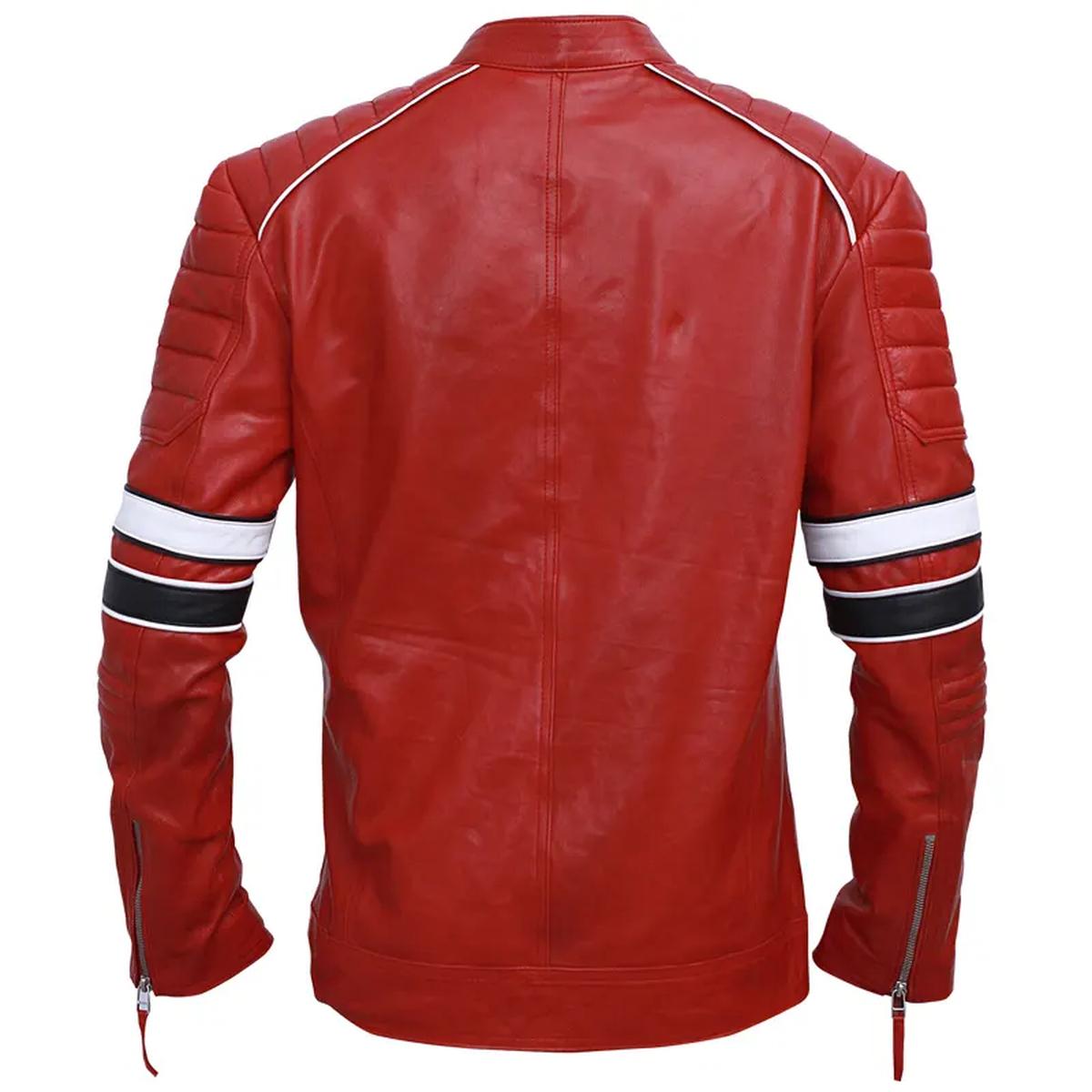 Giacca in pelle a righe rosse stile Café Racer da uomo