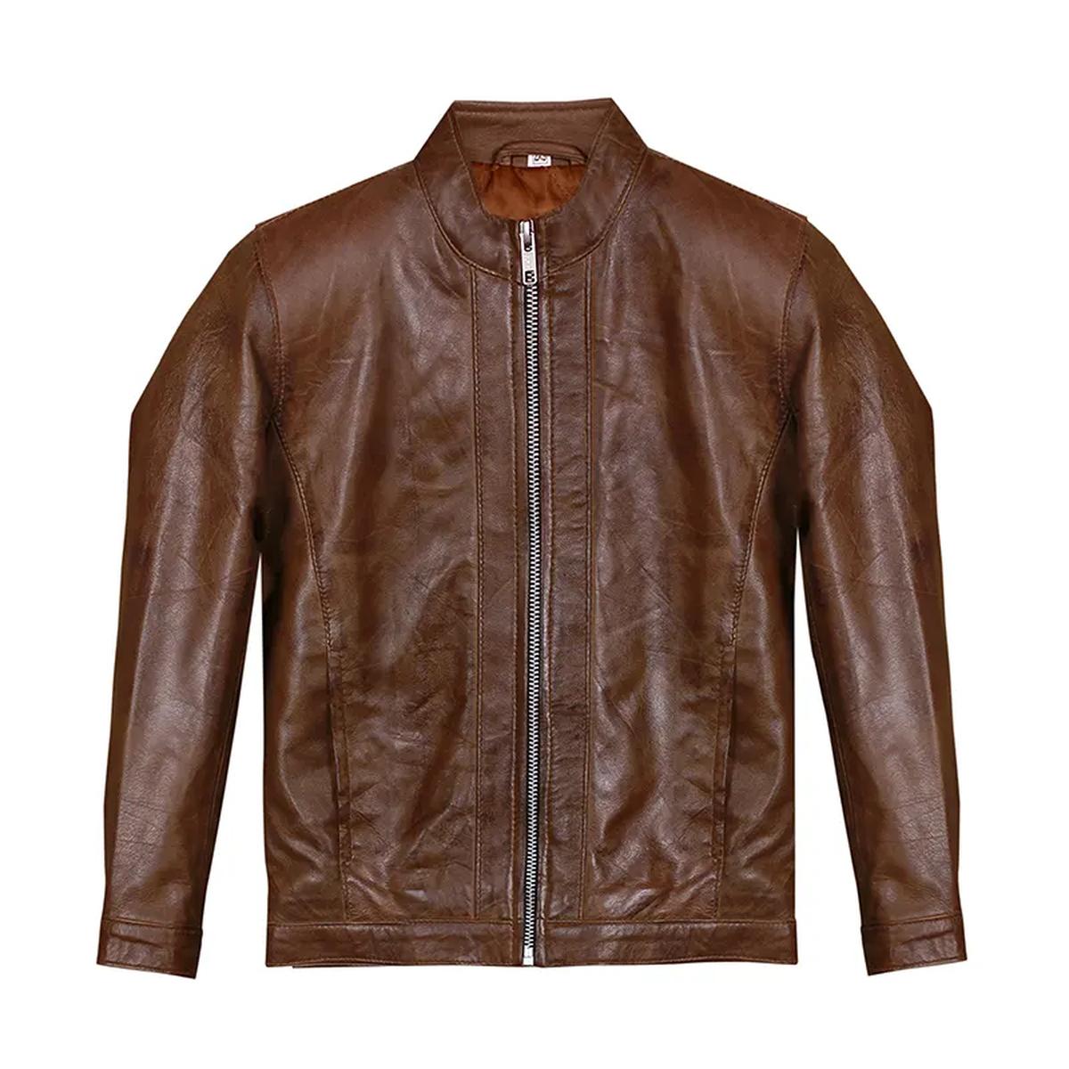 Giacca in pelle marrone da motociclista retrò da uomo