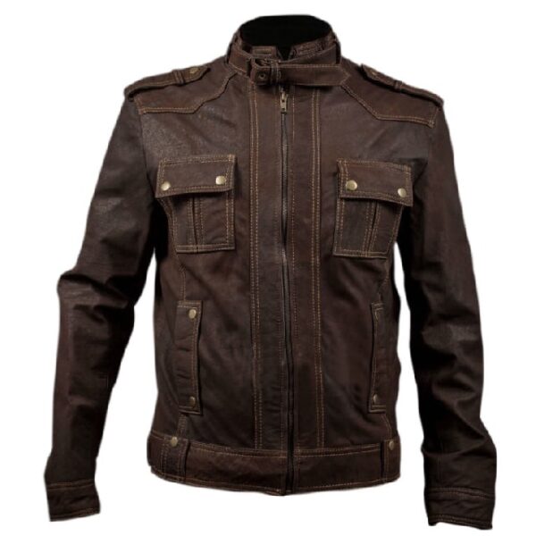 Giacca da motociclista in pelle marrone stone washed slim fit da uomo