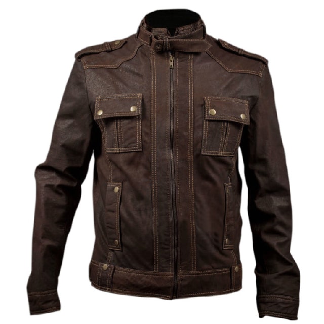 Giacca da motociclista in pelle marrone stone washed slim fit da uomo