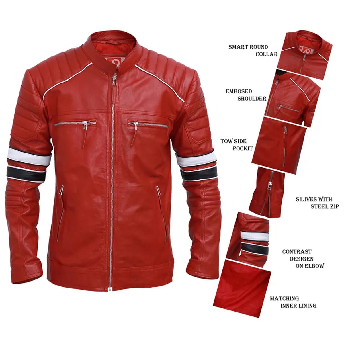 Giacca in pelle a righe rosse stile Café Racer da uomo