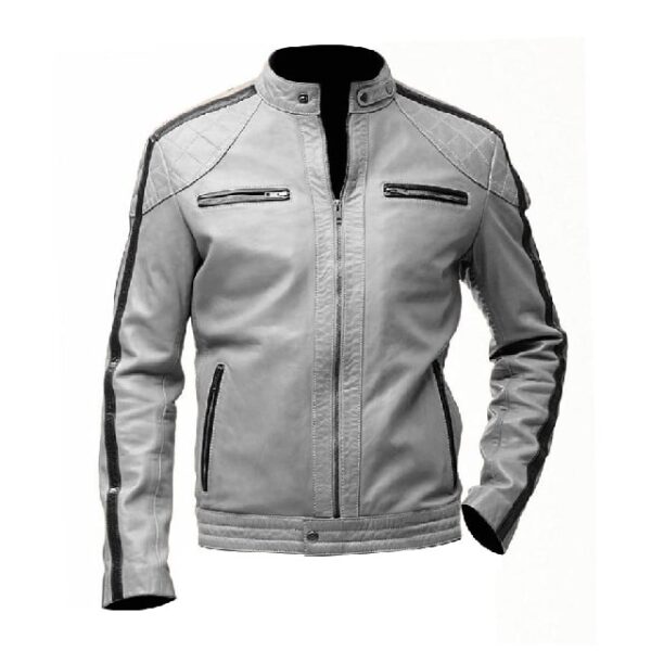 Giacca in pelle da motociclista a righe da uomo in stile Café Racer