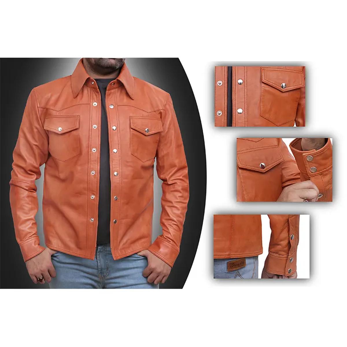 Giacca-camicia in pelle di pecora retrò color cuoio da uomo
