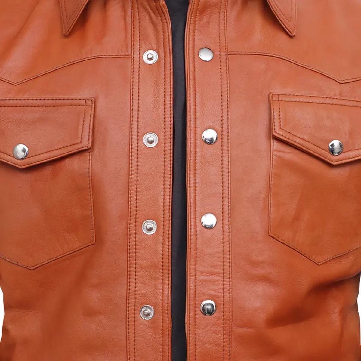 Giacca-camicia in pelle di pecora retrò color cuoio da uomo