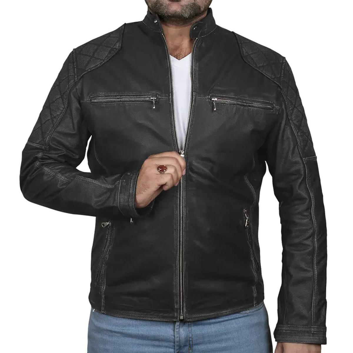 Giacca in pelle da motociclista classica Café Racer per uomo