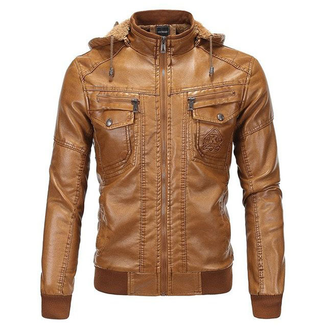 Giacca in pelle da motociclista vintage con cappuccio da uomo