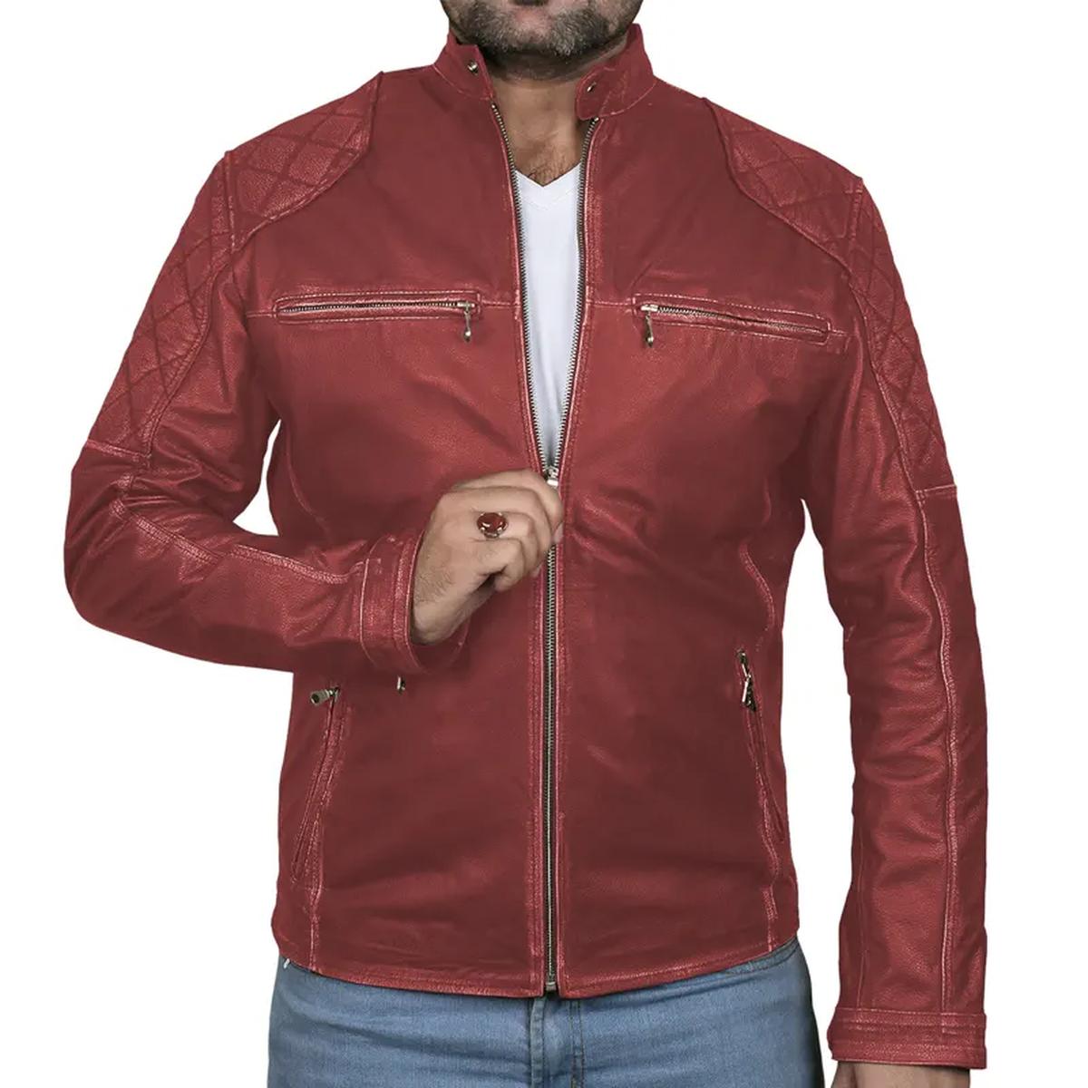 Giacca in pelle da motociclista classica Café Racer per uomo