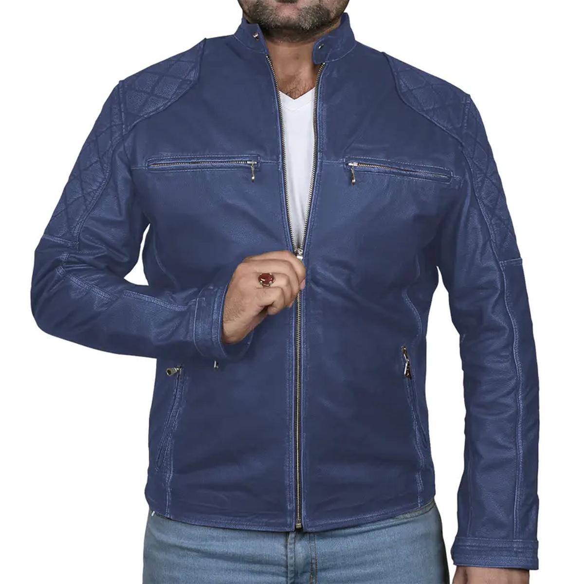 Giacca in pelle da motociclista classica Café Racer per uomo