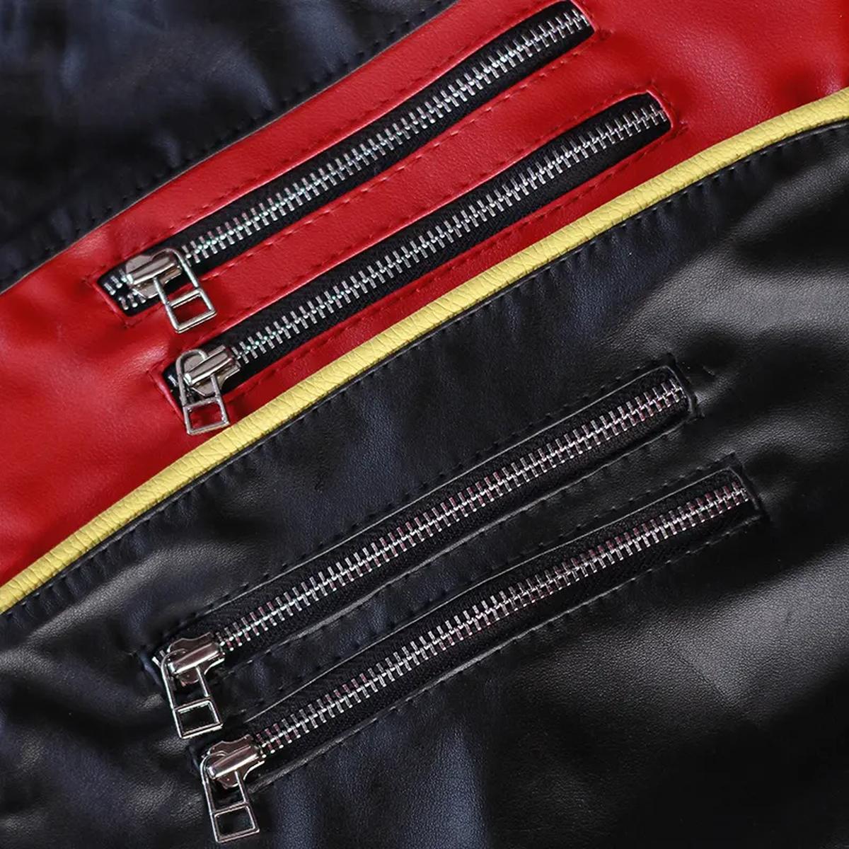 Giacca da motociclista in pelle di pecora nera e rossa da uomo