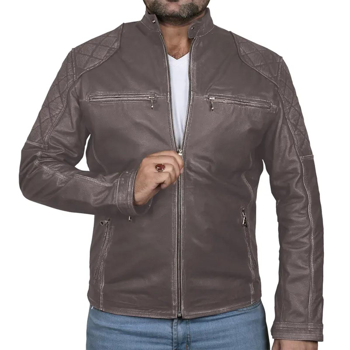 Giacca in pelle da motociclista classica Café Racer per uomo