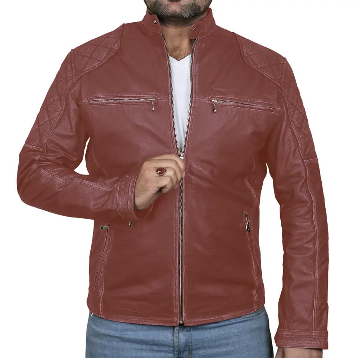 Giacca in pelle da motociclista classica Café Racer per uomo