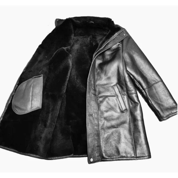 Cappotto lungo in pelle di pecora nera di Ralph per uomo