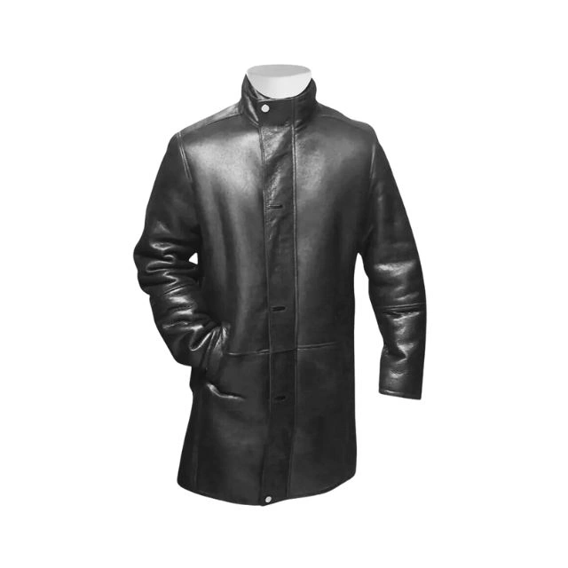 Cappotto lungo in pelle di pecora nera di Ralph per uomo