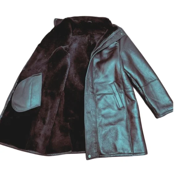 Cappotto lungo in pelle di pecora nera di Ralph per uomo
