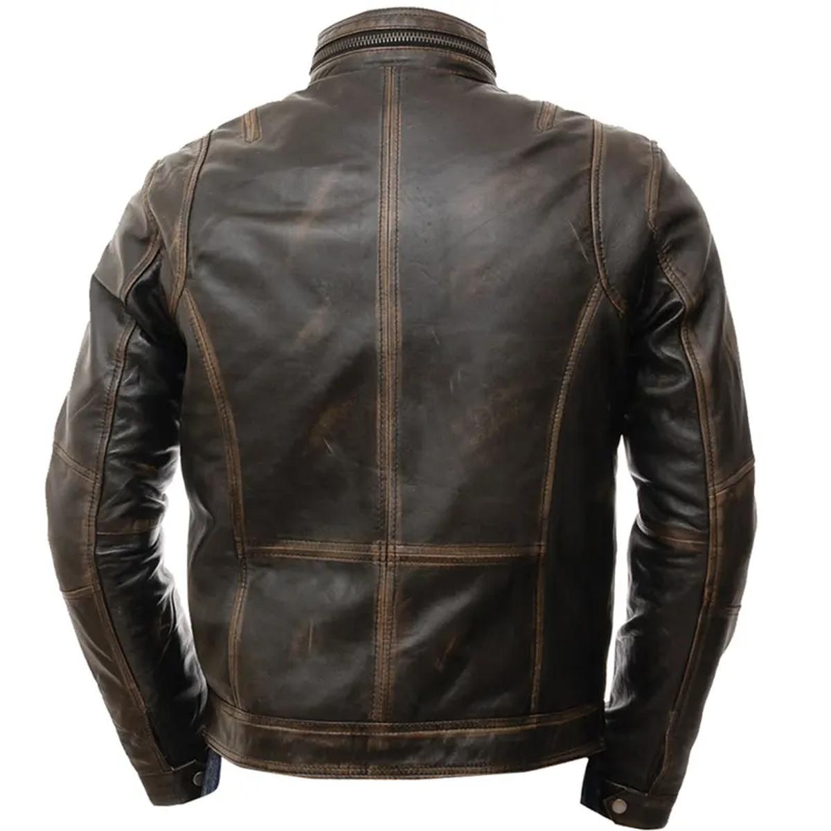 Giacca da motociclista in pelle marrone anticata da uomo, modello Café Racer