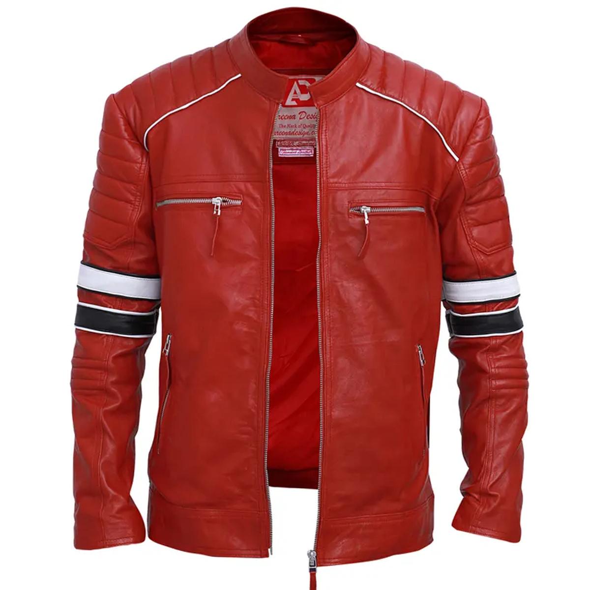 Giacca in pelle a righe rosse stile Café Racer da uomo