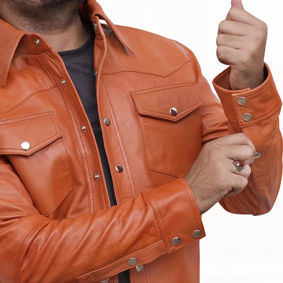 Giacca-camicia in pelle di pecora retrò color cuoio da uomo