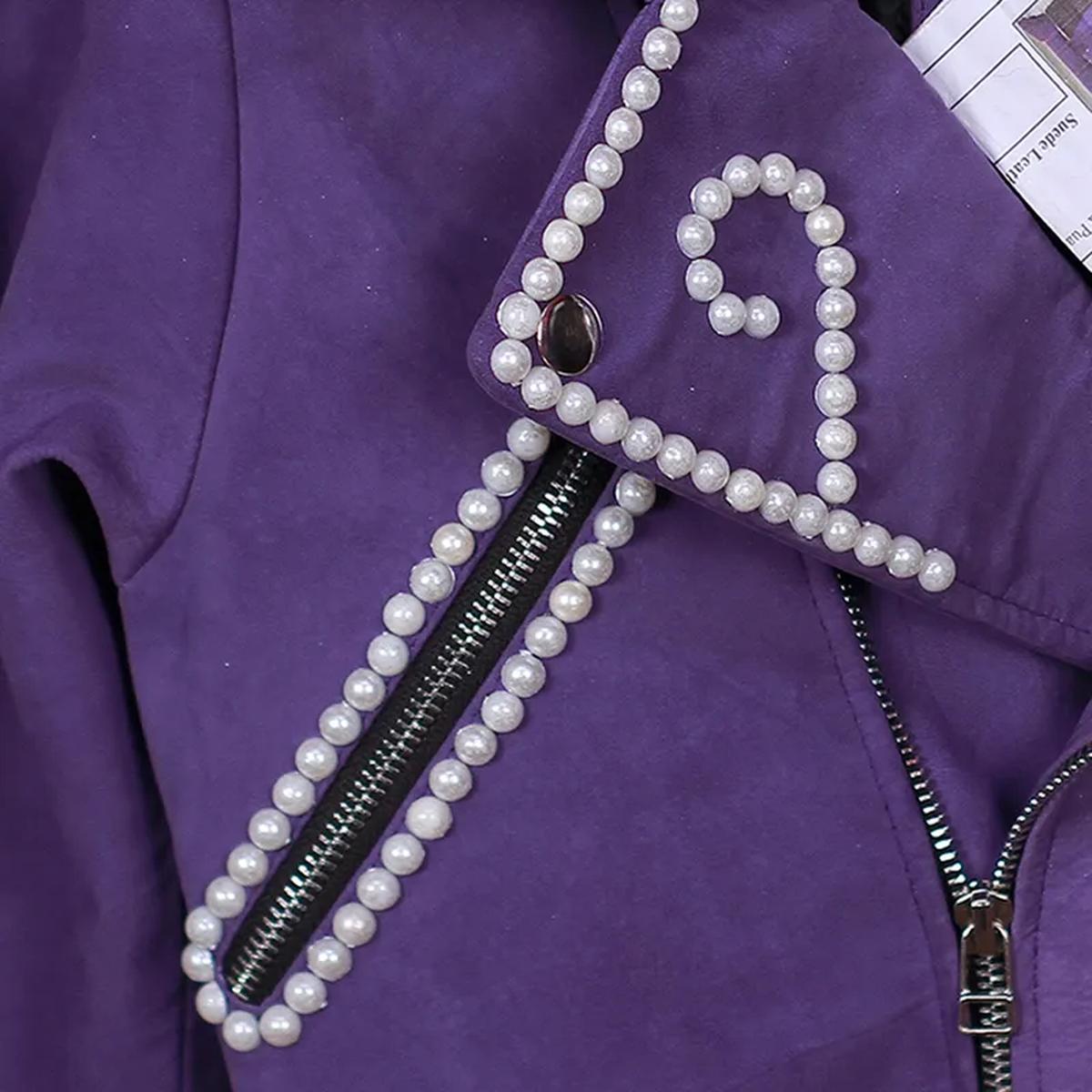 Giacca da motociclista in pelle di pecora viola da donna con dettagli in borchie metalliche