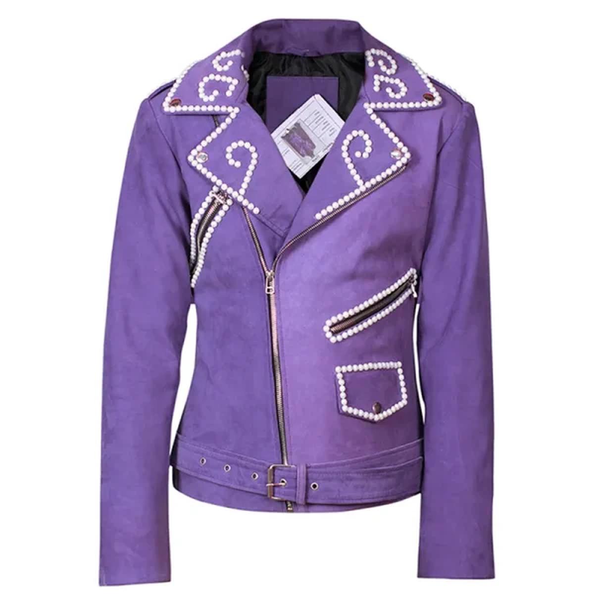 Giacca da motociclista in pelle di pecora viola da donna con dettagli in borchie metalliche