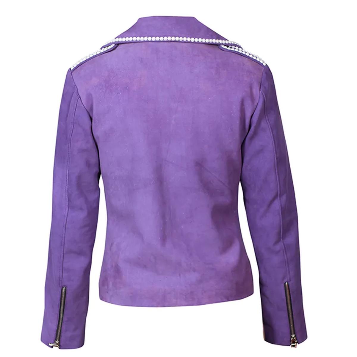 Giacca da motociclista in pelle di pecora viola da donna con dettagli in borchie metalliche