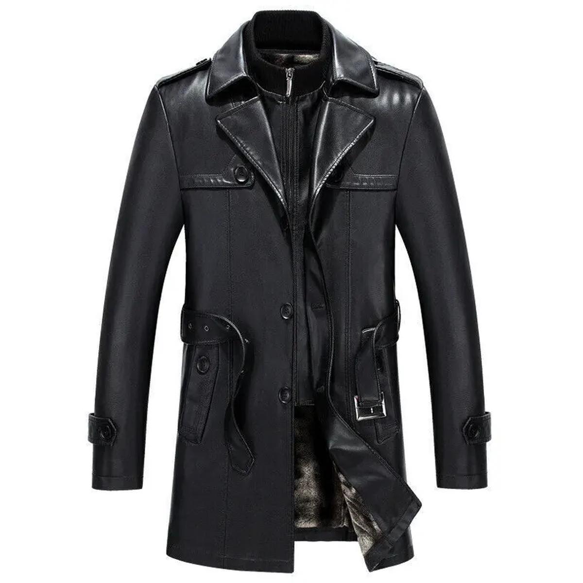 Elegante soprabito in pelle nera da motociclista