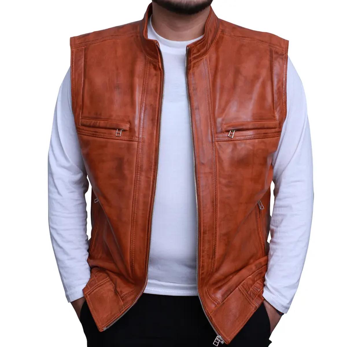 Gilet in pelle marrone da motociclista rocker da uomo alla moda
