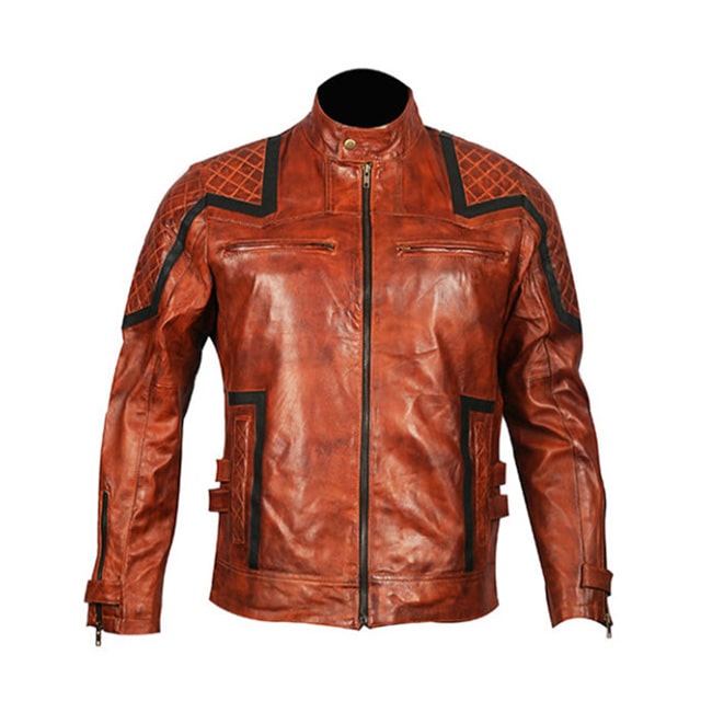 Giacca in pelle da motociclista marrone vintage da uomo