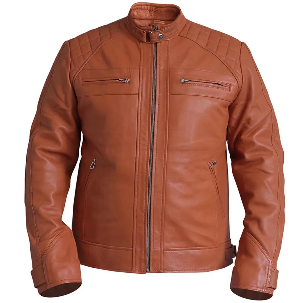 Giacca in pelle da motociclista con motivo a rombi marrone vintage