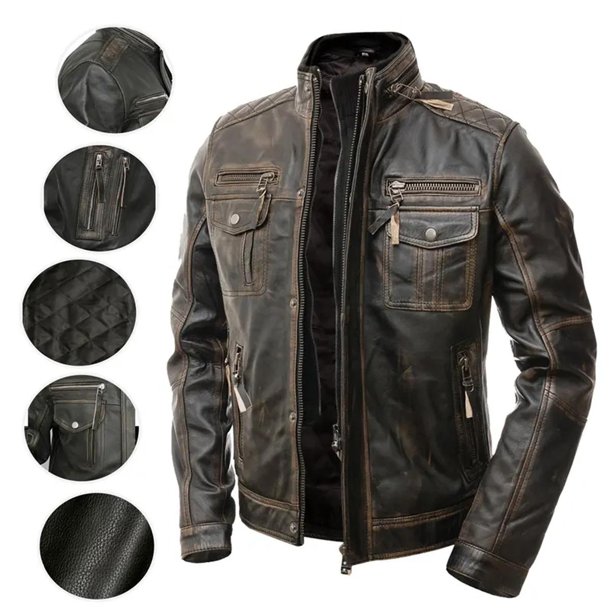 Giacca da motociclista in pelle marrone anticata da uomo, modello Café Racer