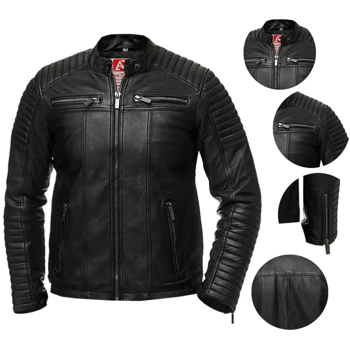 Giacca da motociclista vintage retrò da uomo in vera pelle, nera