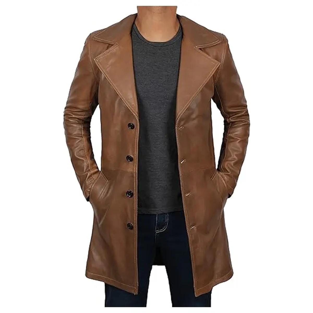 Trench vintage in pelle con ampio revers