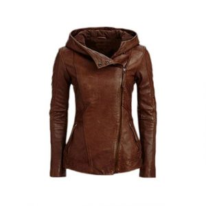 Giacca con cappuccio in pelle marrone da donna