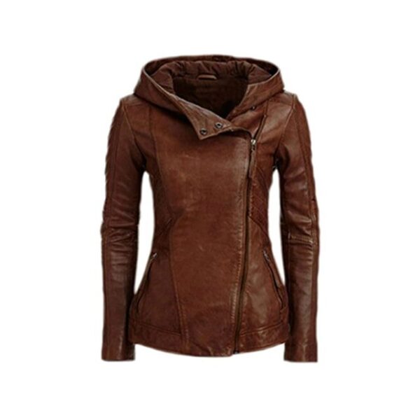 Giacca con cappuccio in pelle marrone da donna