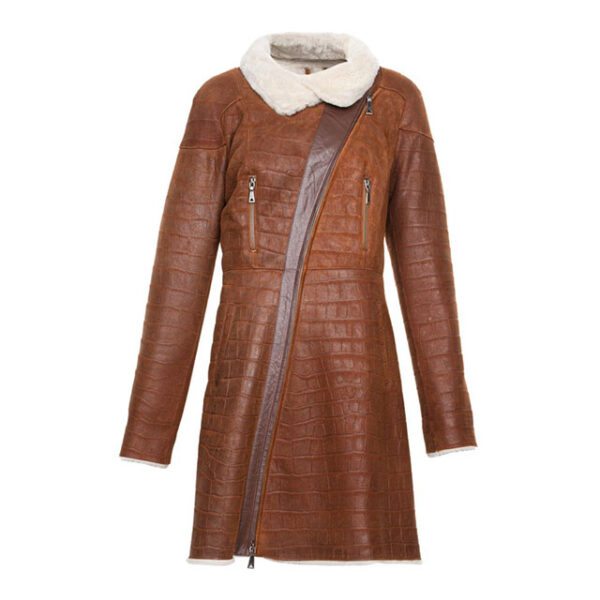 Cappotto lungo in similpelle con finiture in shearling marrone