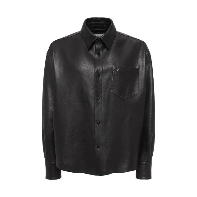 Camicia nera in pelle squadrata da uomo