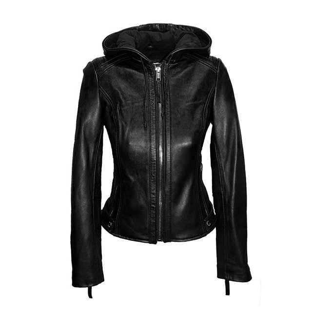 Giacca da motociclista classica in pelle da donna con cappuccio