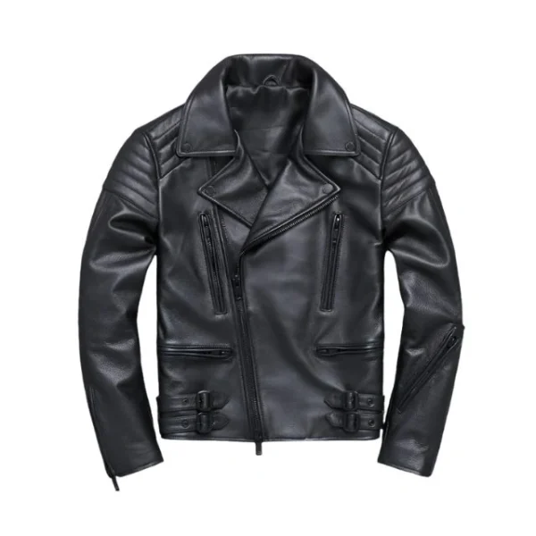Giacca da motociclista in pelle nera nuova e slim fit da uomo
