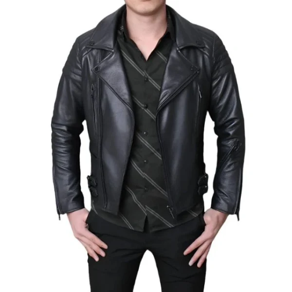 Giacca da motociclista in pelle nera nuova e slim fit da uomo