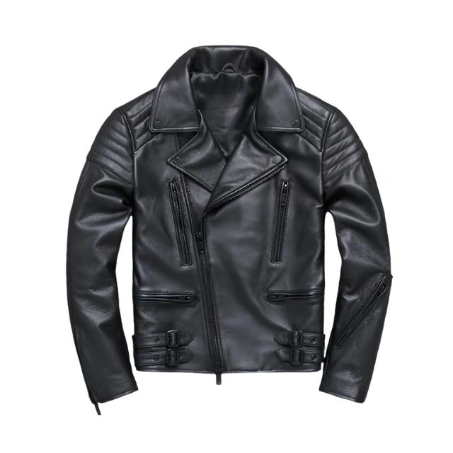 Giacca da motociclista in pelle nera nuova e slim fit da uomo