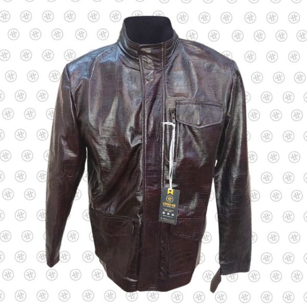 Giacca in similpelle marrone con stampa coccodrillo