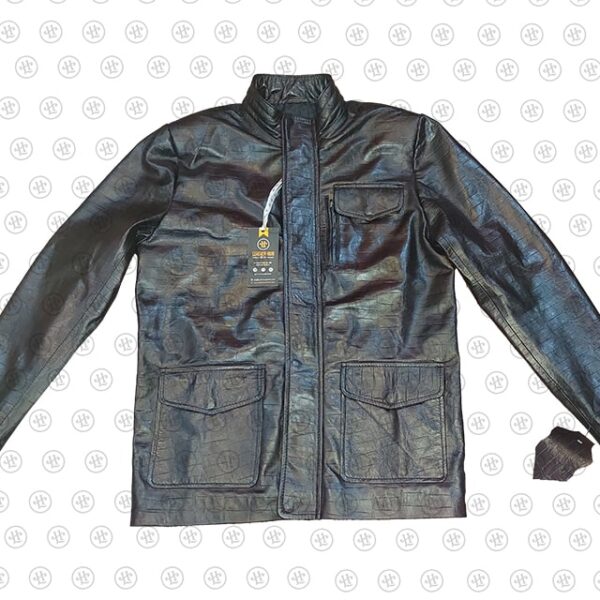 Giacca in similpelle marrone con stampa coccodrillo