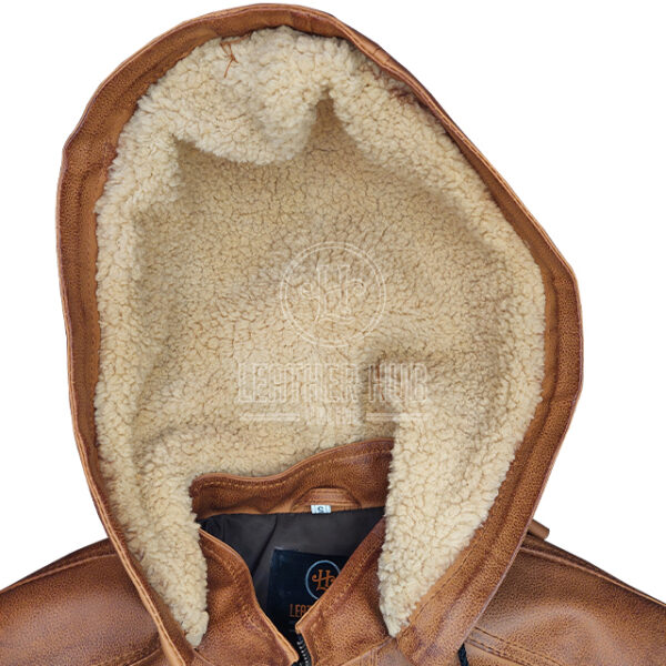 Giacca in pelle da motociclista vintage con cappuccio da uomo