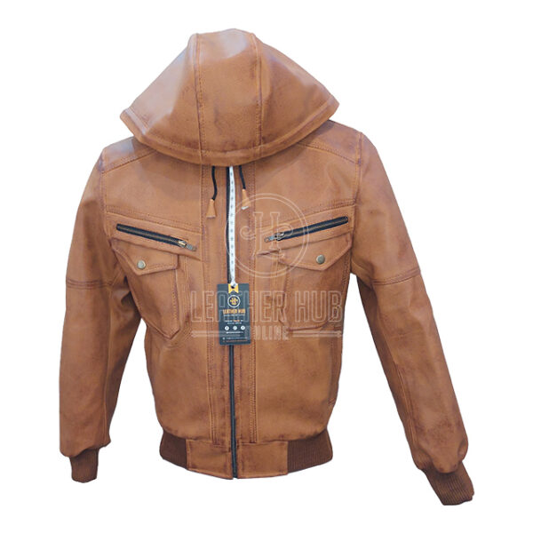 Giacca in pelle da motociclista vintage con cappuccio da uomo