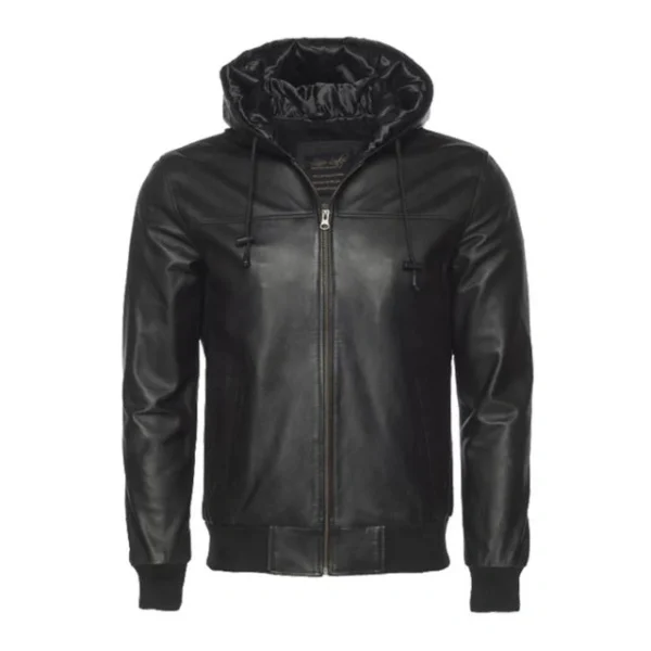 Giubbotto bomber in pelle con cappuccio slim fit