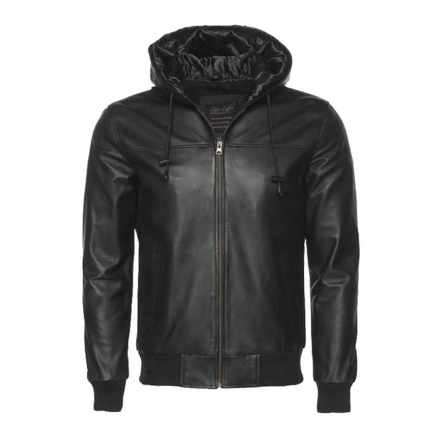 Giubbotto bomber in pelle con cappuccio slim fit